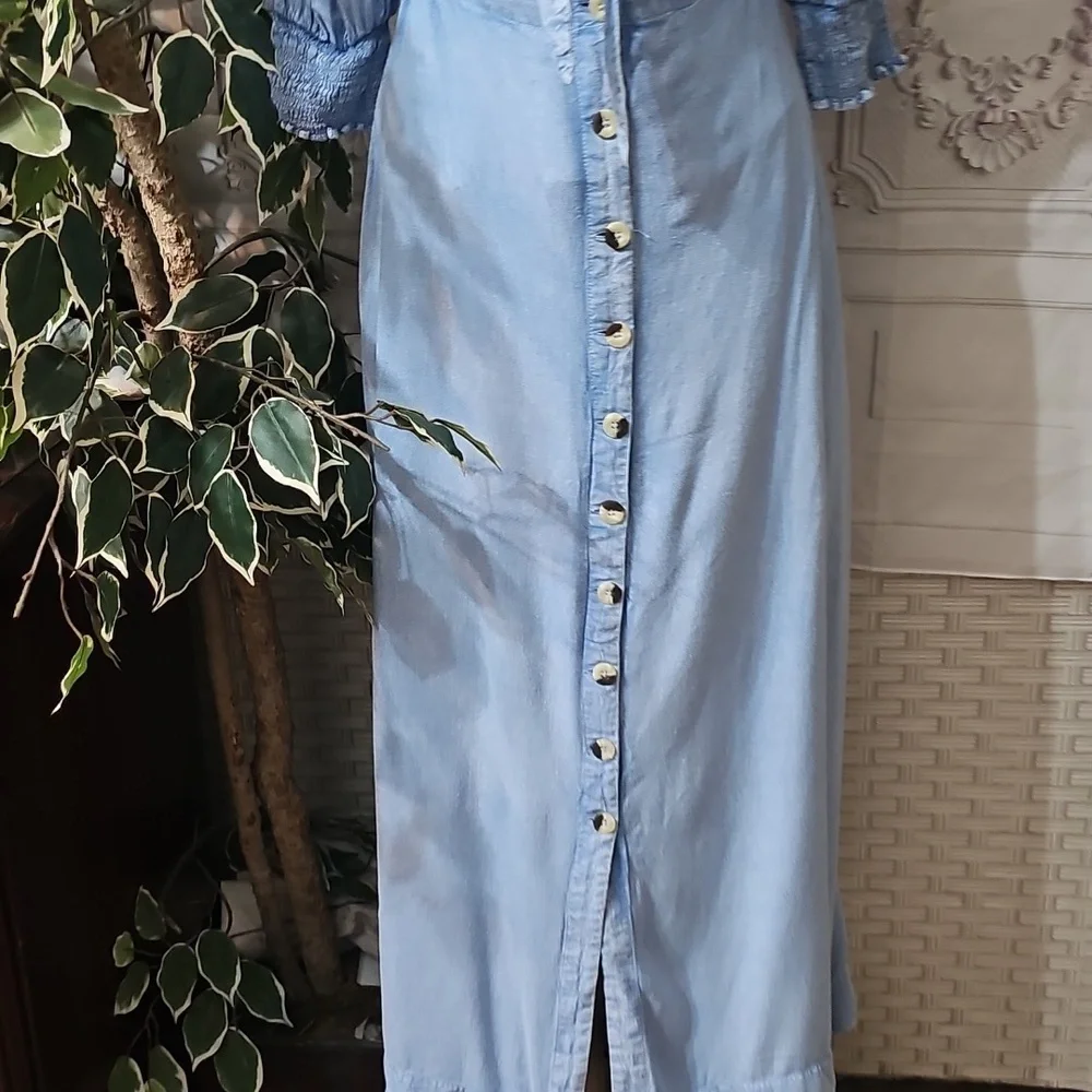 Free People String of Hearts Smocked V-neck Cut-out Button-Down Maxi Dre… - Picture 7 of 14